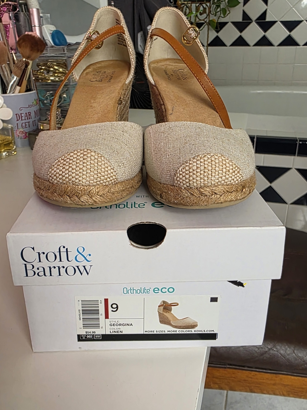 croft & barrow Linen Espadrille Wedge Sandals with Tan Ankle Strap
